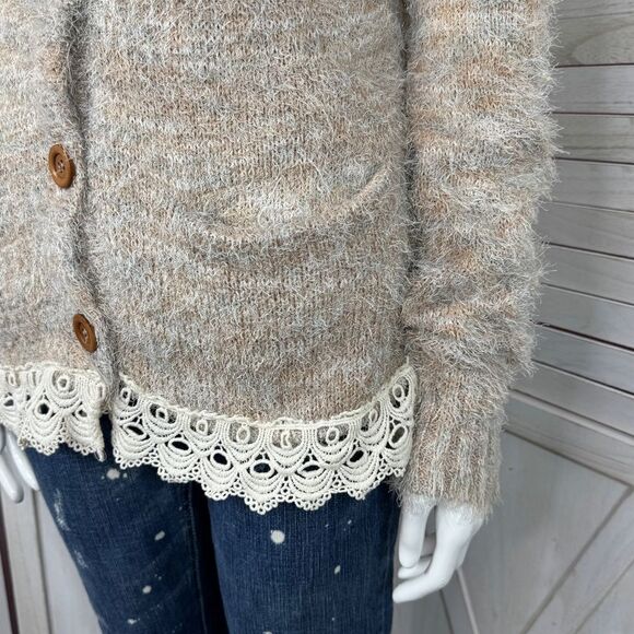 Gimmicks‎ by BKE Eyelash Yarn Lace Trim Cardigan Sweater Tan Multi Small - Picture 8 of 16